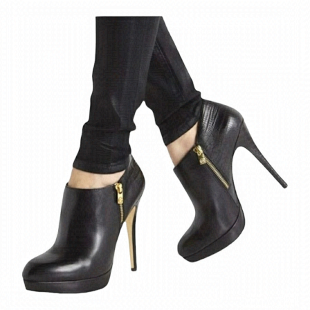 MICHAEL Kors York black leather snakeskin print gold zippered ankle booties